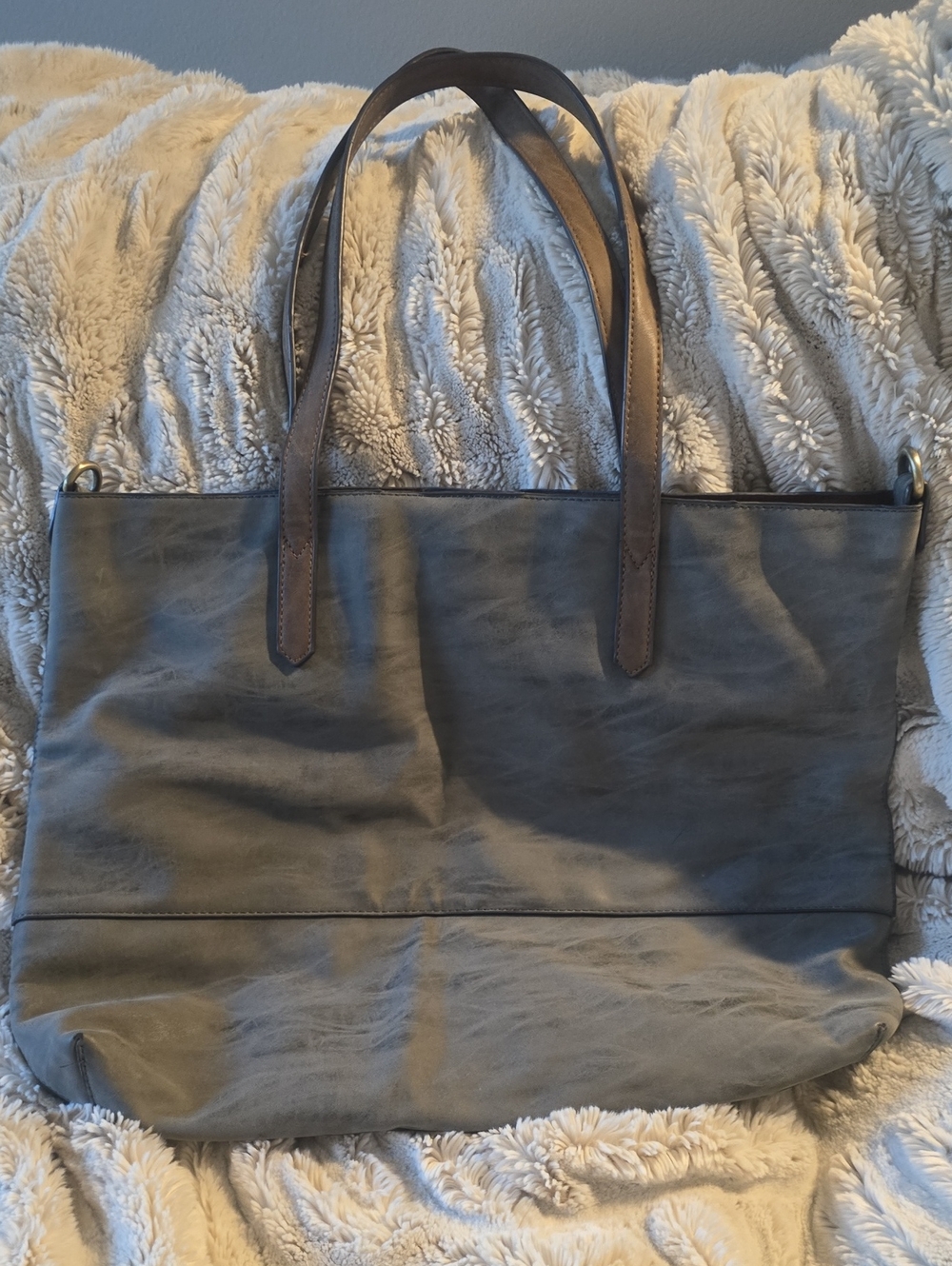 Joy Susan Vegan Leather Gray Tote Bag with Brown Straps
